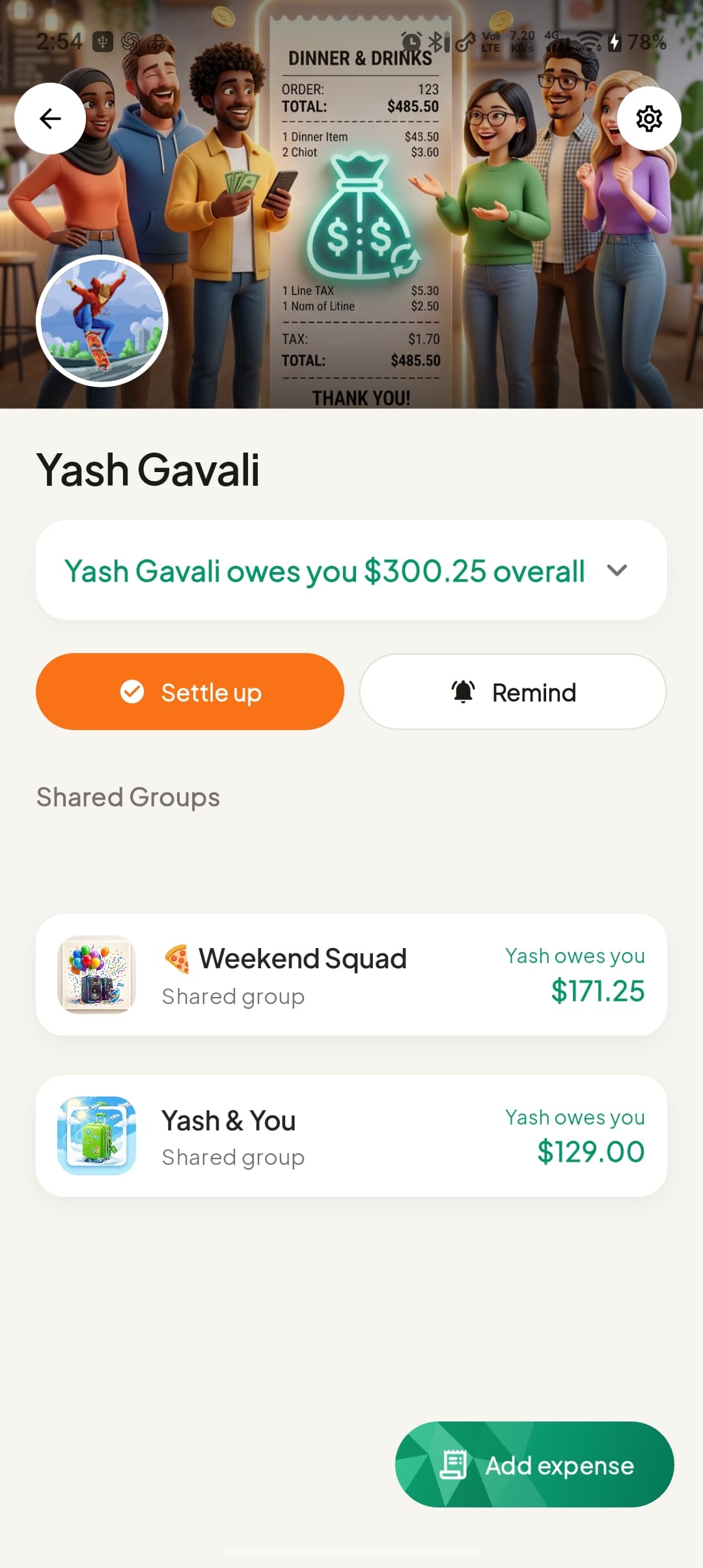 Splitvers home screen showing total balance